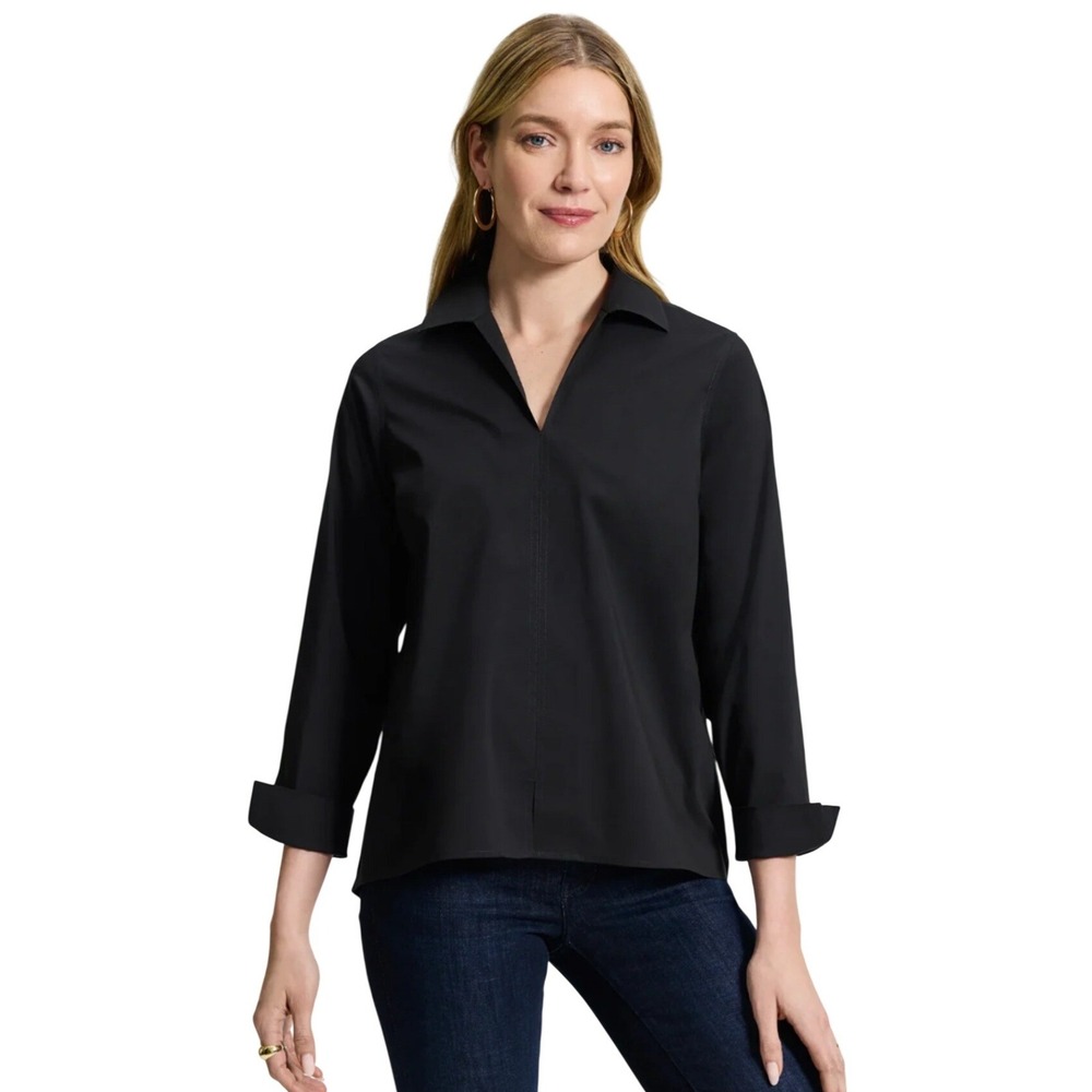 Foxcroft NYC Non Iron Stretch Black V-Neck‎ Zip Blouse Shacket Relaxed  Size 14